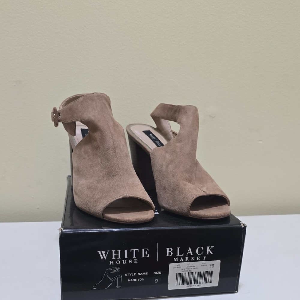 White House Black Market Taupe Suede Peep Toe Block Heel Sandals